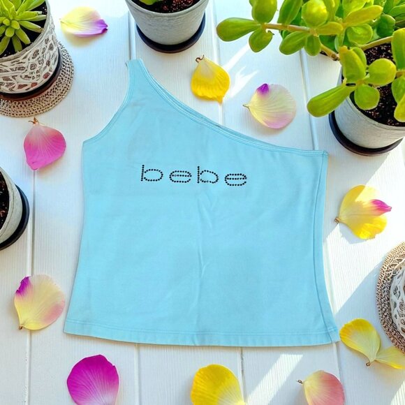 Bebe One-Shoulder Rhinestone Tank | Sky Blue Y2K Logo Diva XS - Picture 7 of 10